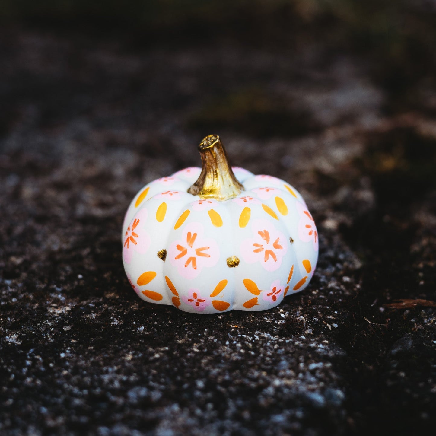 Small white pumpkin with floral patterns on a dark textured surface