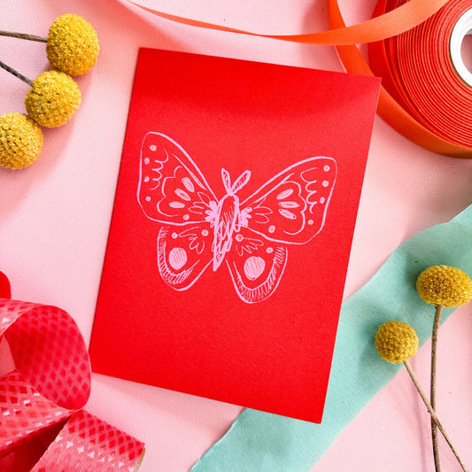 Pink + Red Moth Greeting Card